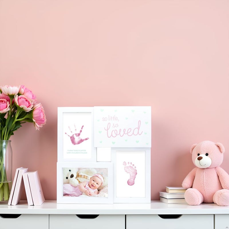 Tiny Ideas Baby Prints Collage Keepsake Frame With Included Ink Pad, Newborn Handprint And Footprint Nursery Decor, So Little So Loved, Pink/White - Image 5